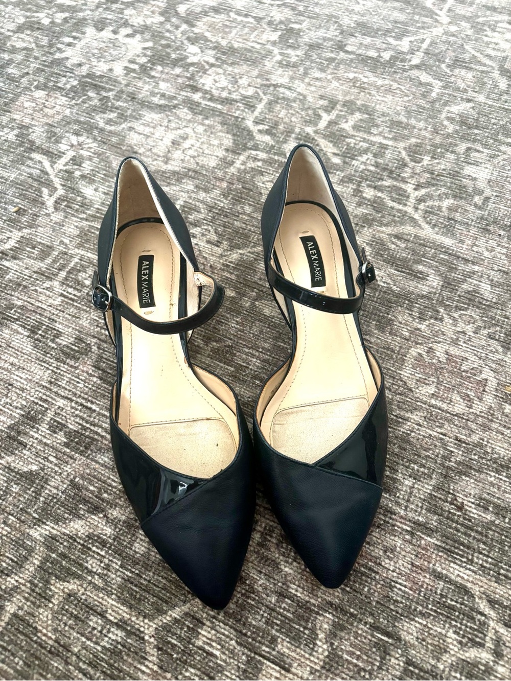 Alex Marie Navy Pointed Toe Mary Jane Kitten Heels Mixed Materials 6M - Picture 2 of 8